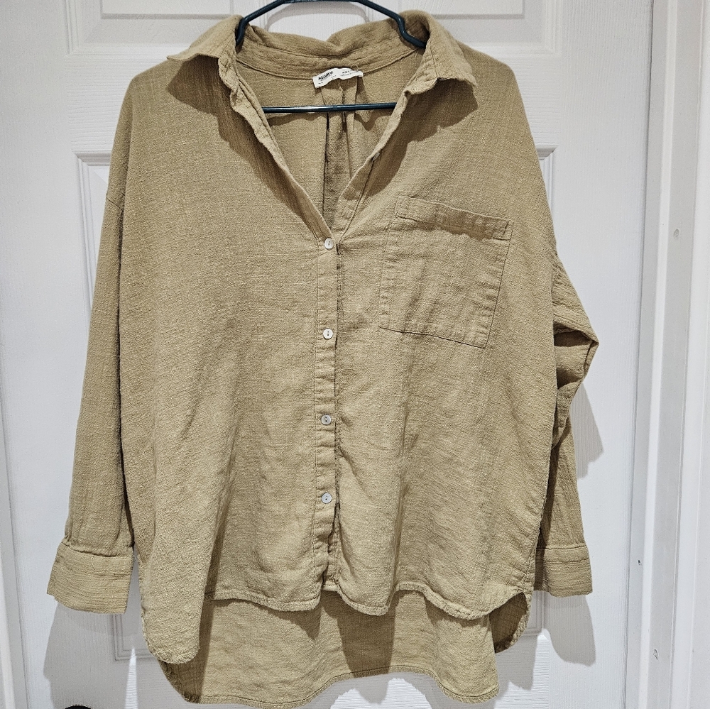 Cotton Button Up Shirt - Green - Pull & Bear - Small